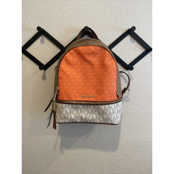 Michael Kors Rhea Zip Leather MK Signature Backpack Purse Orange/Brown/White - Picture 1 of 6